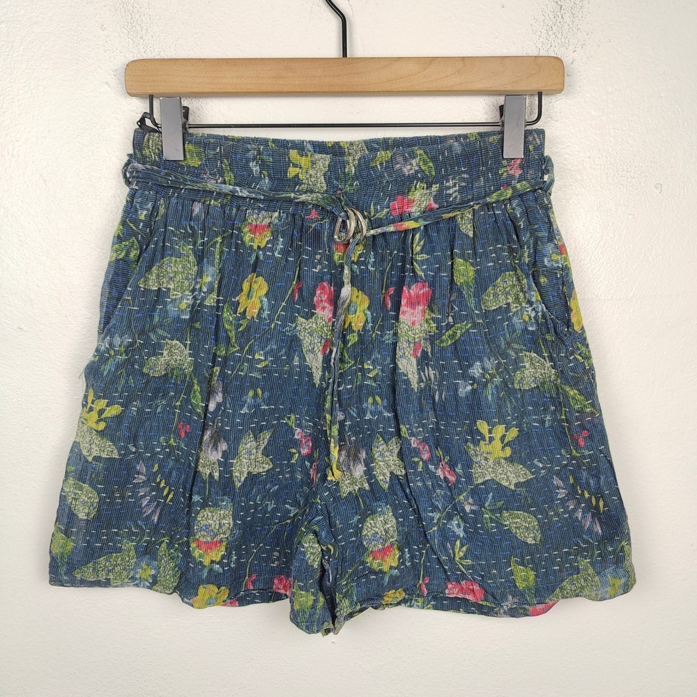 Label Ritu Kumar Floral Print Shorts Womens 3 Small Blue Viscose Blend Bohemian